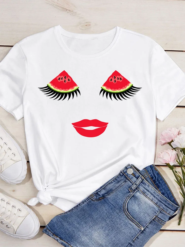 

Summer T-shirt Watermelon Face Eyelashes Print Tops Women Fashion T Shirt Short Sleeve O-neck Tee Shirts Lady Funny Fruit Tshirt