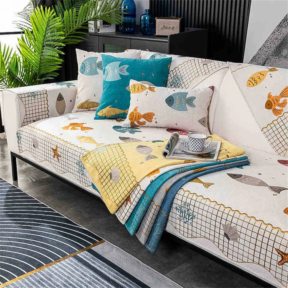

Marine Fish Print Sofa Covers Split Couch Towel Thicken Sectional Sofas Slipcovers Long Seat Protector Living Room Carpets