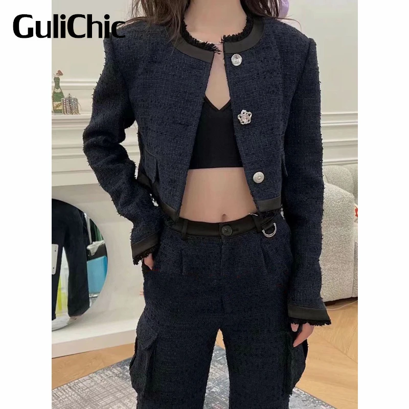

10.11 GuliChic Women Round Neck Long Sleeve Frayed Short Tweed Jacket Or Straight Pants Casual Set