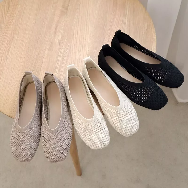 

NEW IN New style Summer Hollow Sandals Ballet Flats Women Casual Knit Loafer Stretchy Square Toe Flat Heel Boat Shoes Spring