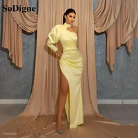 sodigne yellow satin mermaid prom dress 2022 high neck long sleeves floor length side split women party formal evening gowns
