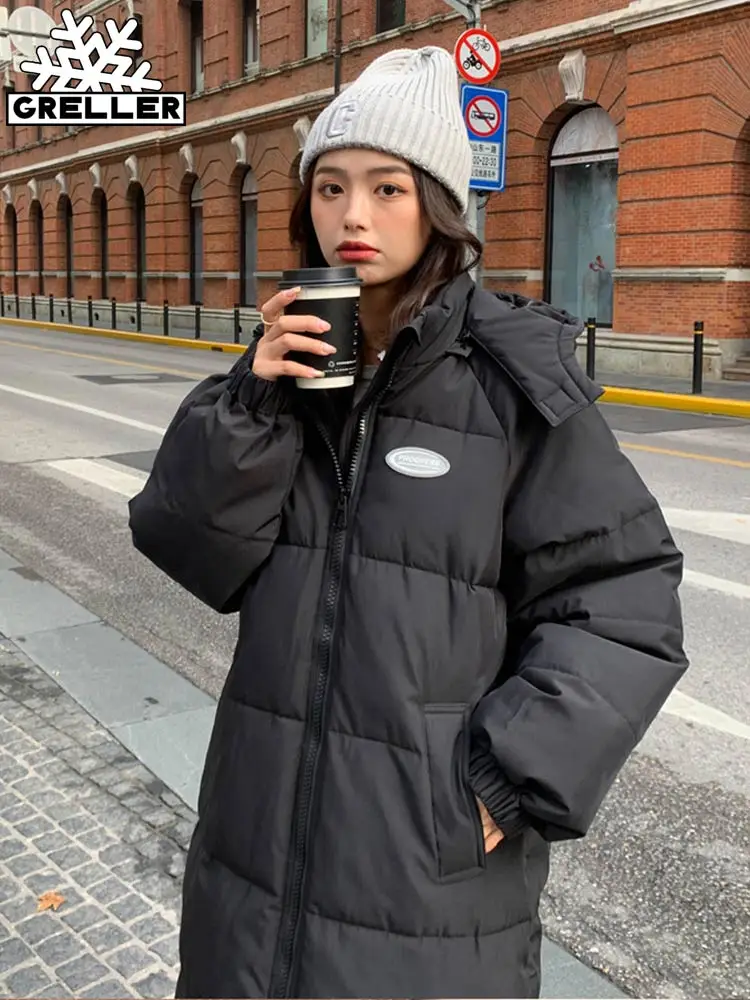 GRELLER Winter Jacket Women 2022 New Casual Hooded Warm Long Parkas Mujer Cotton Padded Black Coat Female Winter Clothes Outwear