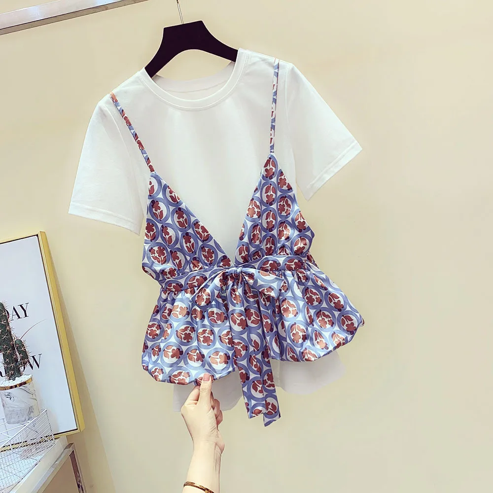

Korean Tshirt Women 2022 Summer New White Cotton Tees+ Printed Sling Camis Two Piece Tops Camisetas De Mujer