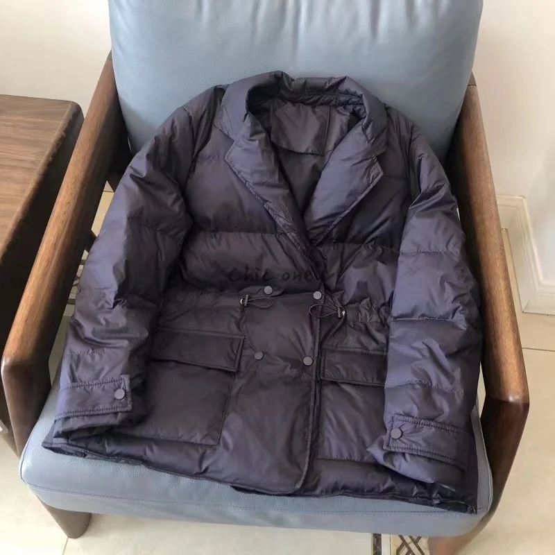 Women's Winter  Jacket Korean Version Thick Waisted Suit Lapel Mid Length White Duck Down Coat