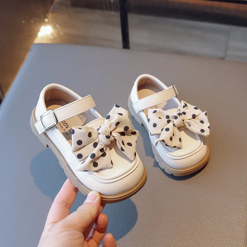 

Little Girl's Mary Janes Soft Leather Children Princess Shoes with Polka Dot Printing Bowknot 2023 New Toddler Kids Causal Flats