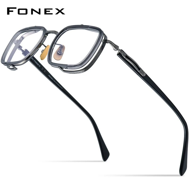 FONEX Acetate Titanium Eyeglasses Frame Men Vintage Square Prescription Glasses Women Spectacles Myopia Optical Eyewear E-055
