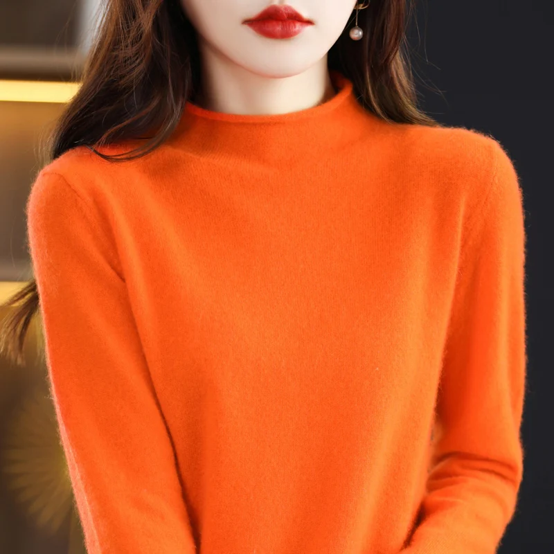 

2023Autumn and Winter New 100% Pure Woolen Sweater Women's Fashionable Curled Half High Neck Knitwear Short Sweater Underlay