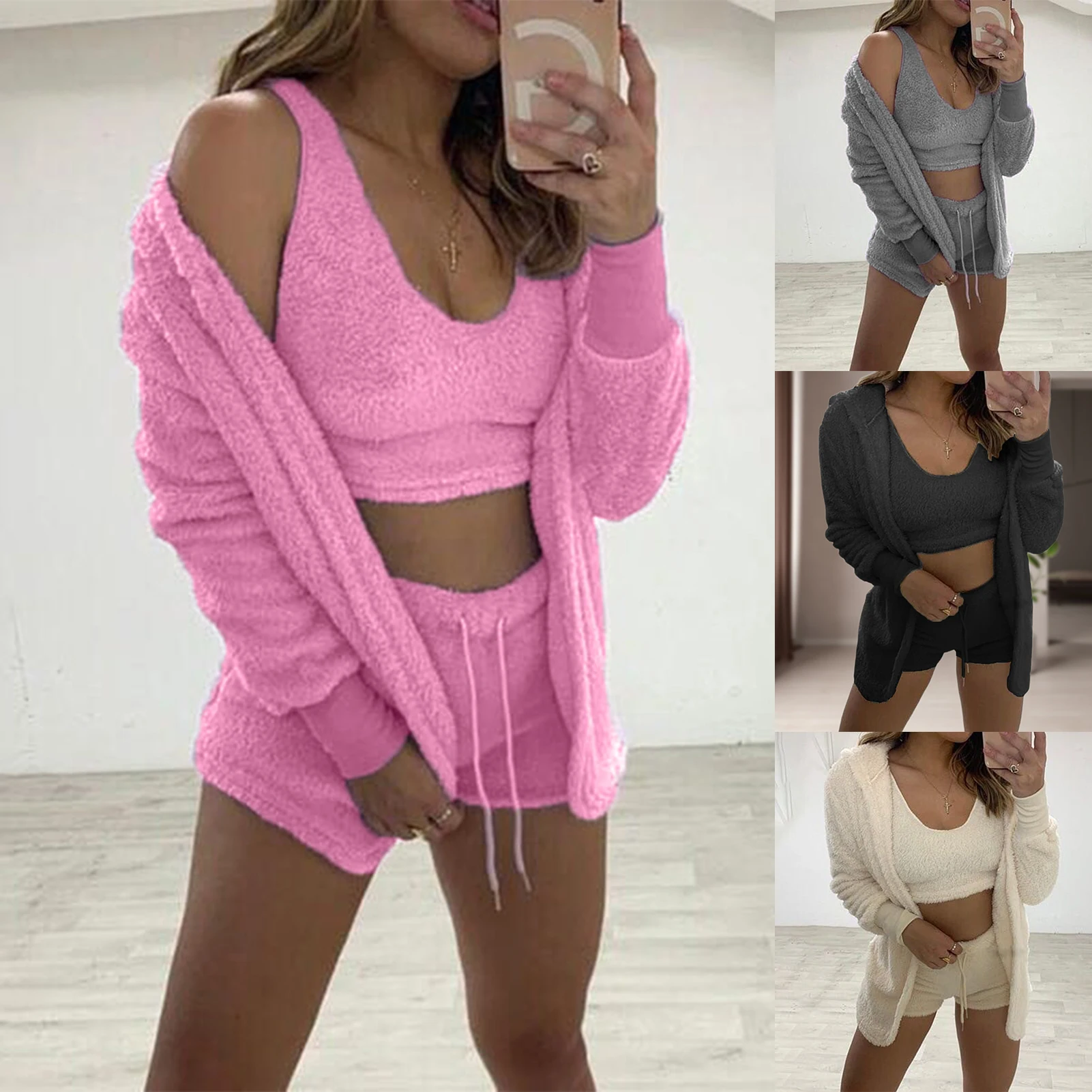 

Women Plush Homewear 3 Pieces Set O-Neck Long Sleeve Vest Top and Elastic Waist Short Set Solid Colour Casual Matching Outfits
