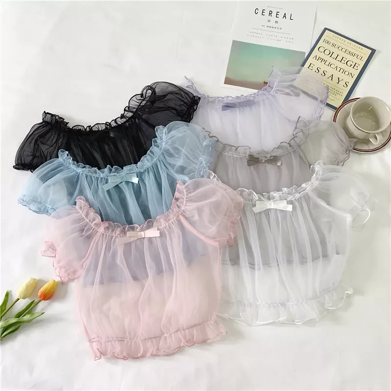 

Super Fairy Sheer Mesh Short Sleeve Tops Transparent Sweet Princess Lolita Kawaii Lace Mesh Tops Mori Girl Bottom Blouse