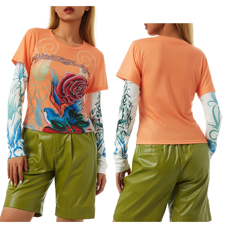 

Женская футболка Стразы в стиле пэчворк, модные укороченные топы с длинным рукавом, круглым вырезом и цветочным принтом птиц для взрослых