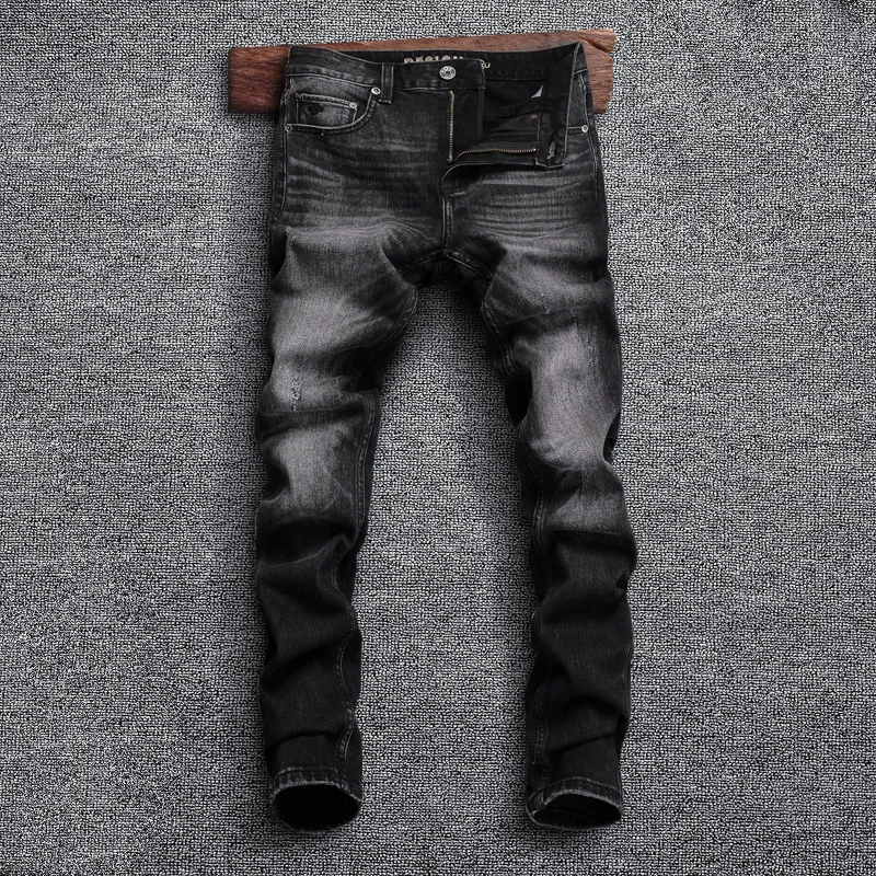 European Designer Fashion Men Jeans High Quality Retro Black Gray Elastic Slim Fit Ripped Jeans Men Vintage Denim Pants Hombre