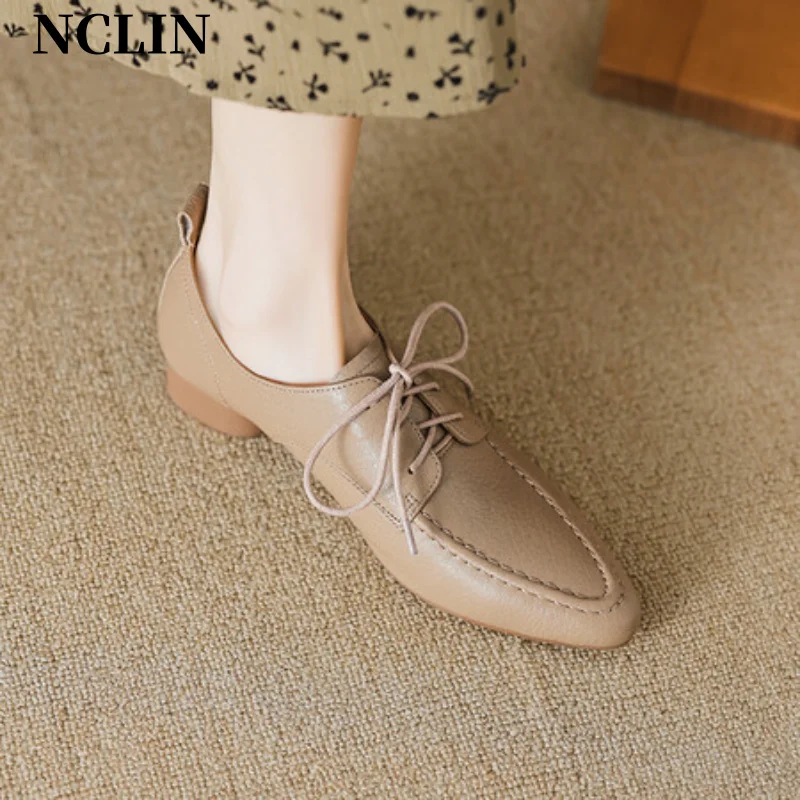 Женские однотонные туфли Laether Новинка весна-осень 2024 на толстом каблуке с острым