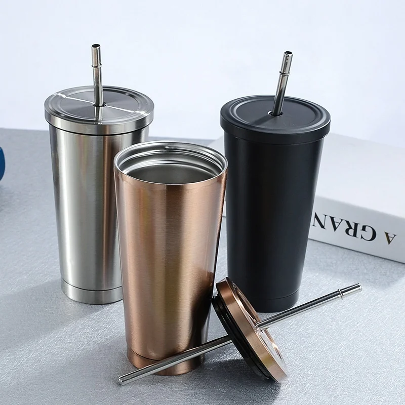 

500ml Stainless Steel Coffee Mug Thermo Mug with Lid Beer Mugs for Tea Thermos Metal Cup Drink Straw Travel Cups