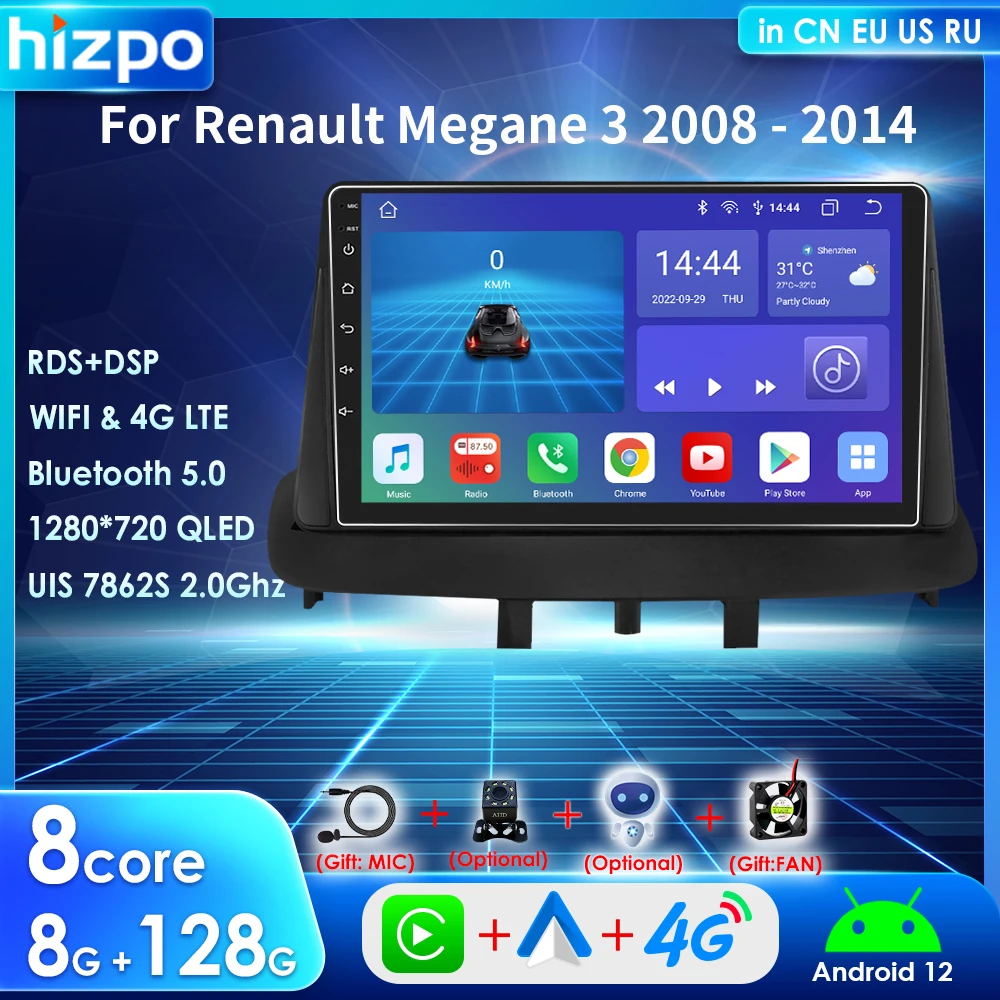 

Автомагнитола 2 Din для Renault Megane 3 2008-2014 Carplay, мультимедиа, Android 12, Восьмиядерный процессор, радио, видеоплеер, навигация, GPS, стерео, BT, RDS