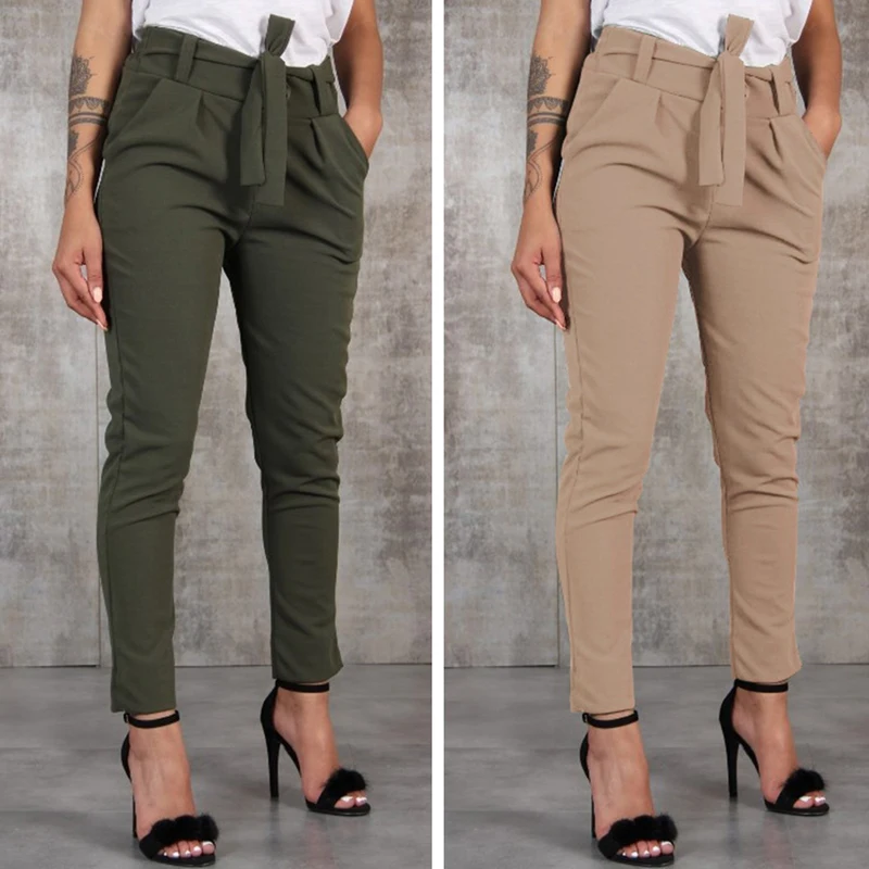 

Casual Slim Chiffon Thin Pants For Women With Sash High Waist Black Khaki Green Pants Woman Trousers
