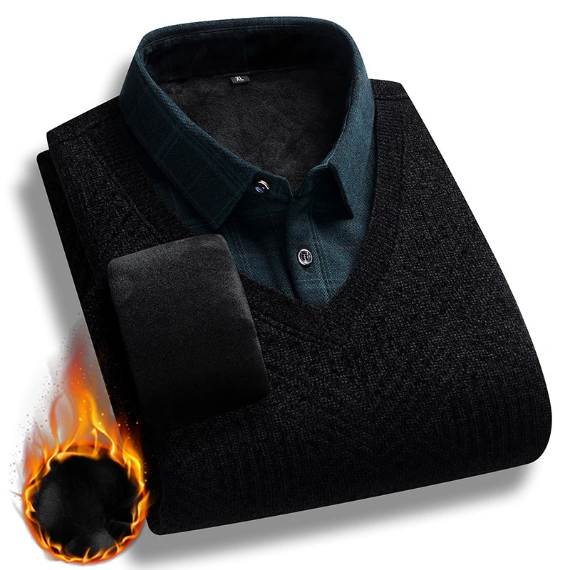 Мужской искусственный свитер из двух предметов вязаный пуловер 2024 зимние теплые