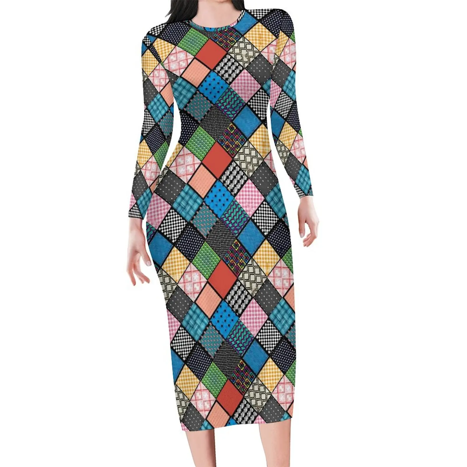 

Patchwork Print Dress Female Retro Square Street Wear Bodycon Dress Spring Long Sleeve Sexy Dresses Graphic Oversized Vestido