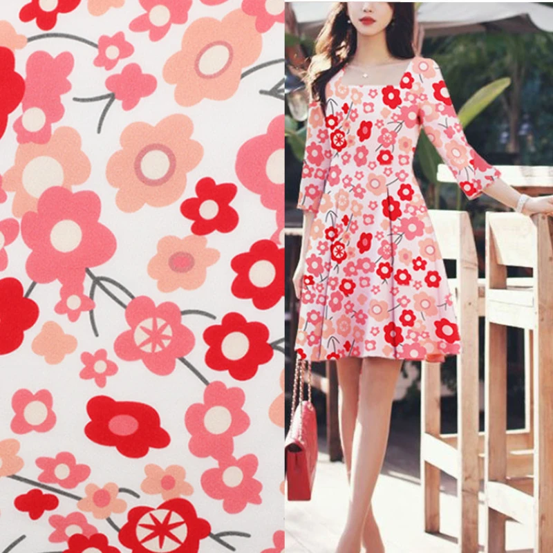 

Mulberry Silk Crepe De Chine Fabric Summer Fashion Red Pink Small Round Flower Digital Printing Clothing Cloth Sold by the Yard