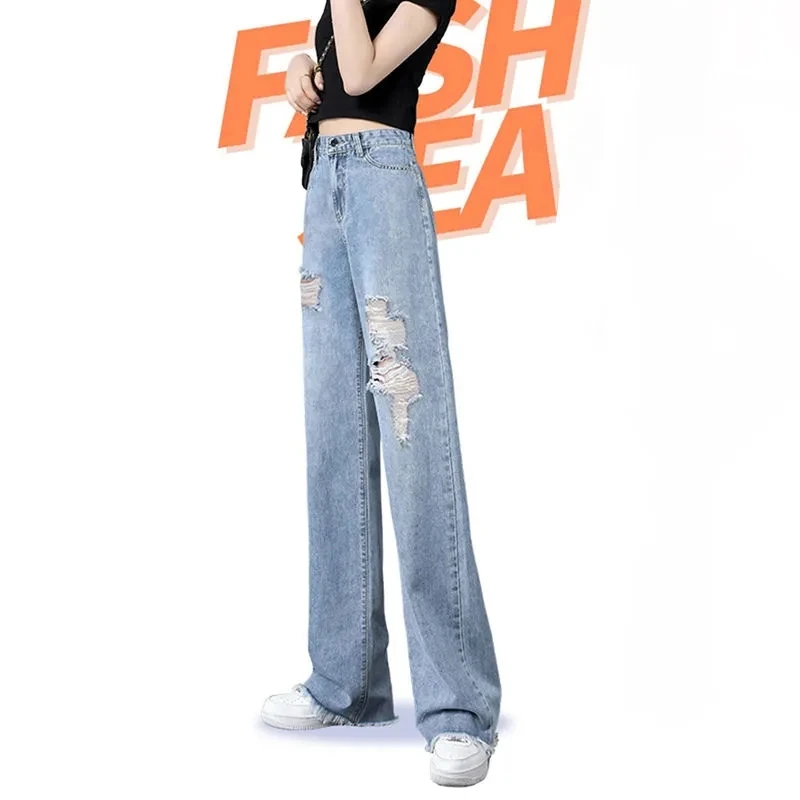 Jeans Women Hole High Waist Streetwear Lady Ripped Washed Vintage Cozy Ulzzang All-Match Students Korean Loose Trousers Casua