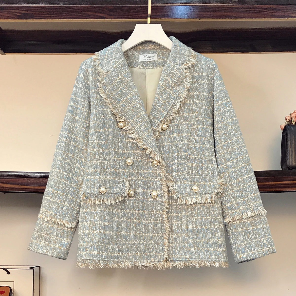 

Женский твидовый двубортный Тренч, элегантный небольшой шерстяной Блейзер в винтажном стиле, Свободные теплые шерстяные пальто для осени