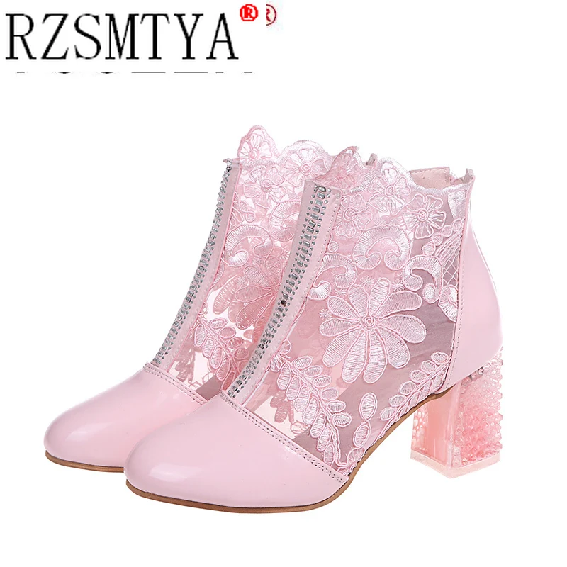 2021 Spring Summer Boots Fashion Rhinestones Gauze Sandals Thick Heels Mesh Boots Hollow Women's Shoes Large Size 43