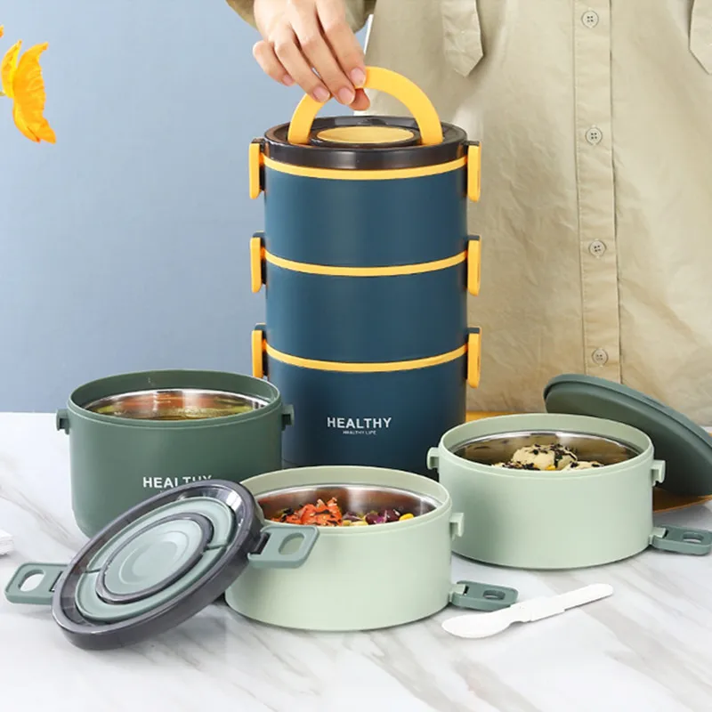 

1/2/3 Layer 304 Stainless Steel Insulated Lunch Box Round Hermetic Leak-Proof Food Container Microwave Heated Bento Boxes