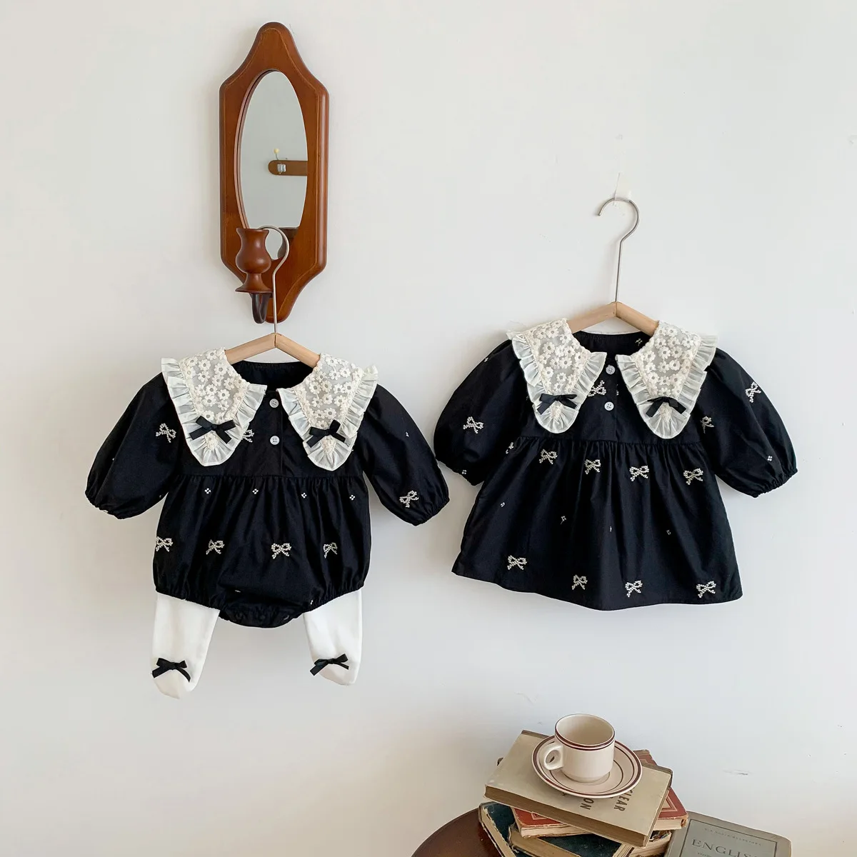 

HAYANA New Baby Bodysuit Long Sleeve Sisters Outfit Girls Dress Bow Embroidery Toddler Clothing