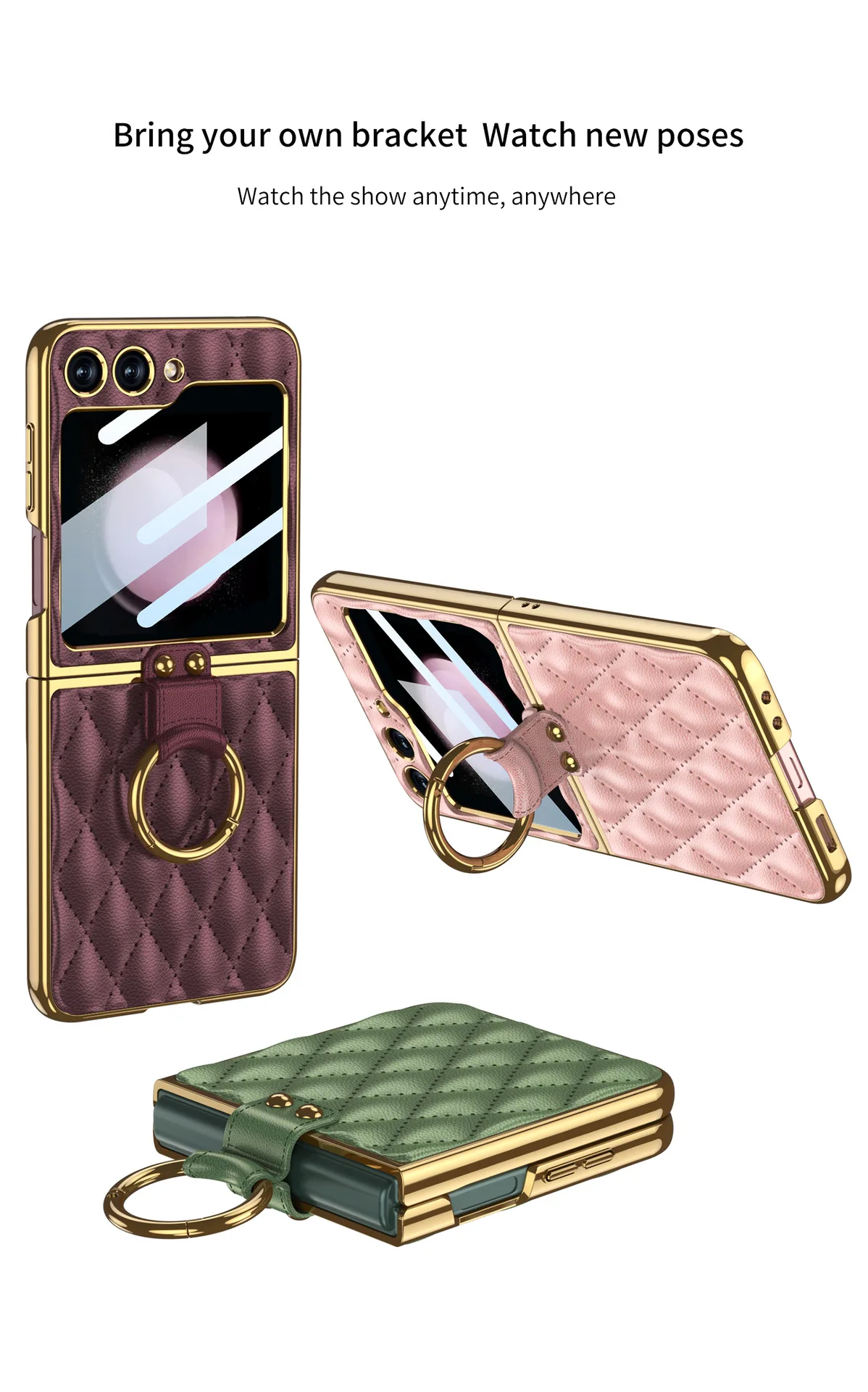 

Luxury Woven Leather Pattern Electroplate Hard PC Phone Cover for Samsung Galaxy Z Flip 5 Case with Ring Holder Bracket Cover