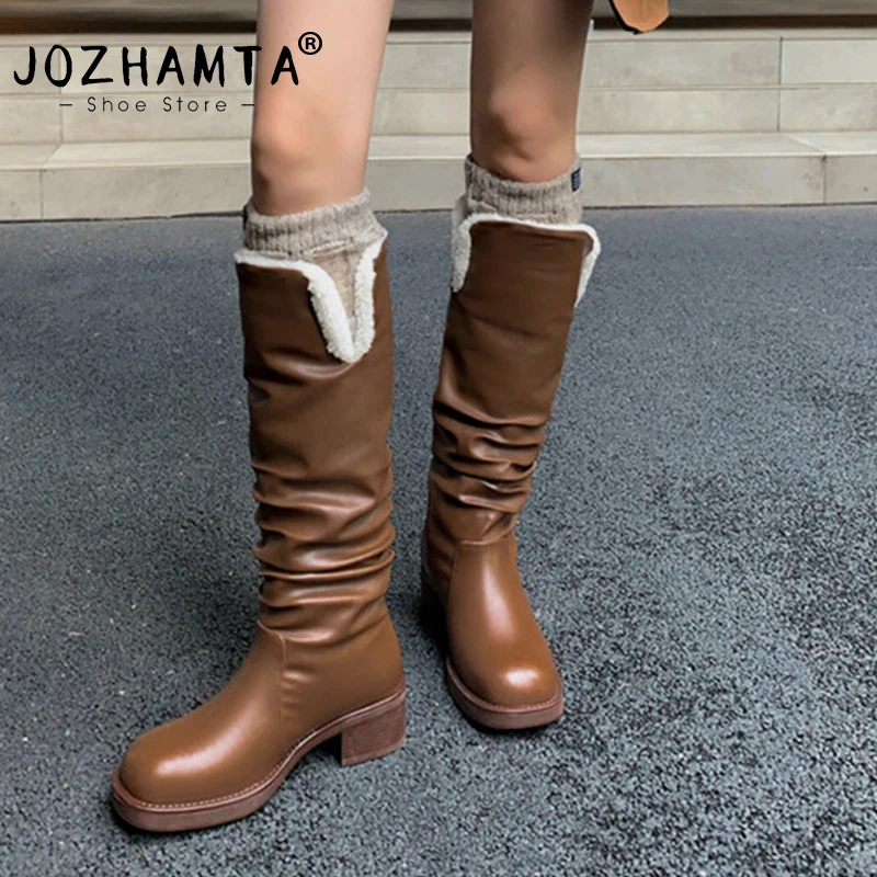 

JOZHAMTA Новейшие женские Сапоги выше колена зимние теплые шерстяные длинные сапоги из натуральной кожи высокое качество низкий каблук повседневные офисные женские