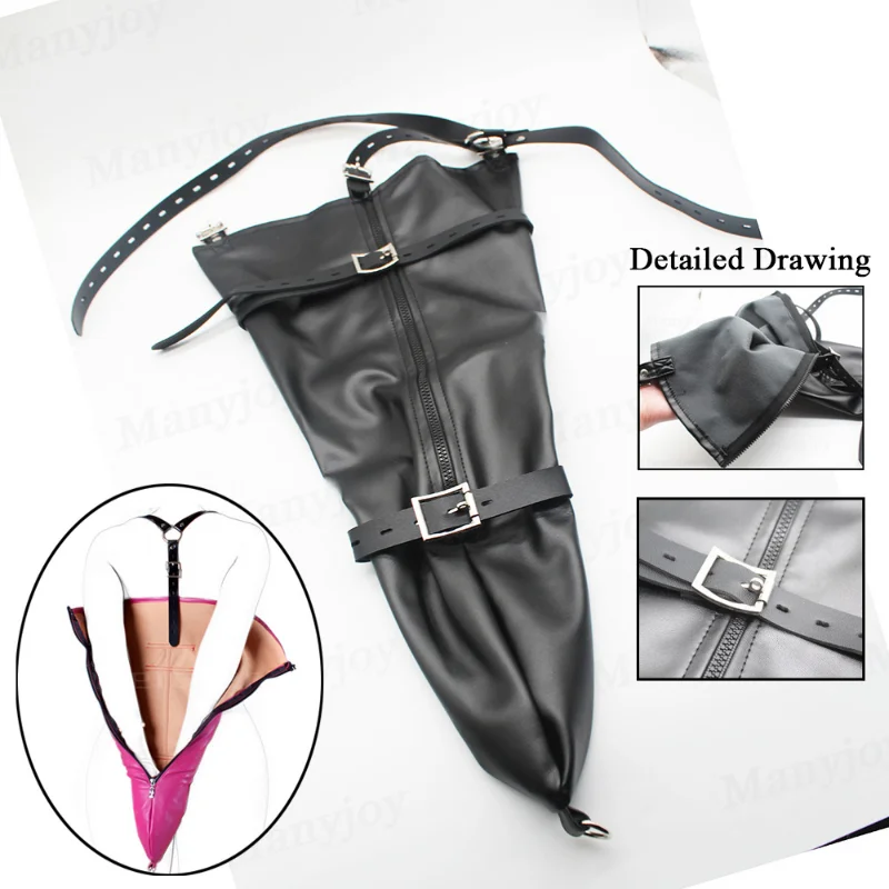 

PU Leather Behind Back Bondage Arm Binder Bag Over Shoulder BDSM Role Play Glove Sleeves Body Harness Restraints Slave Sex Toys