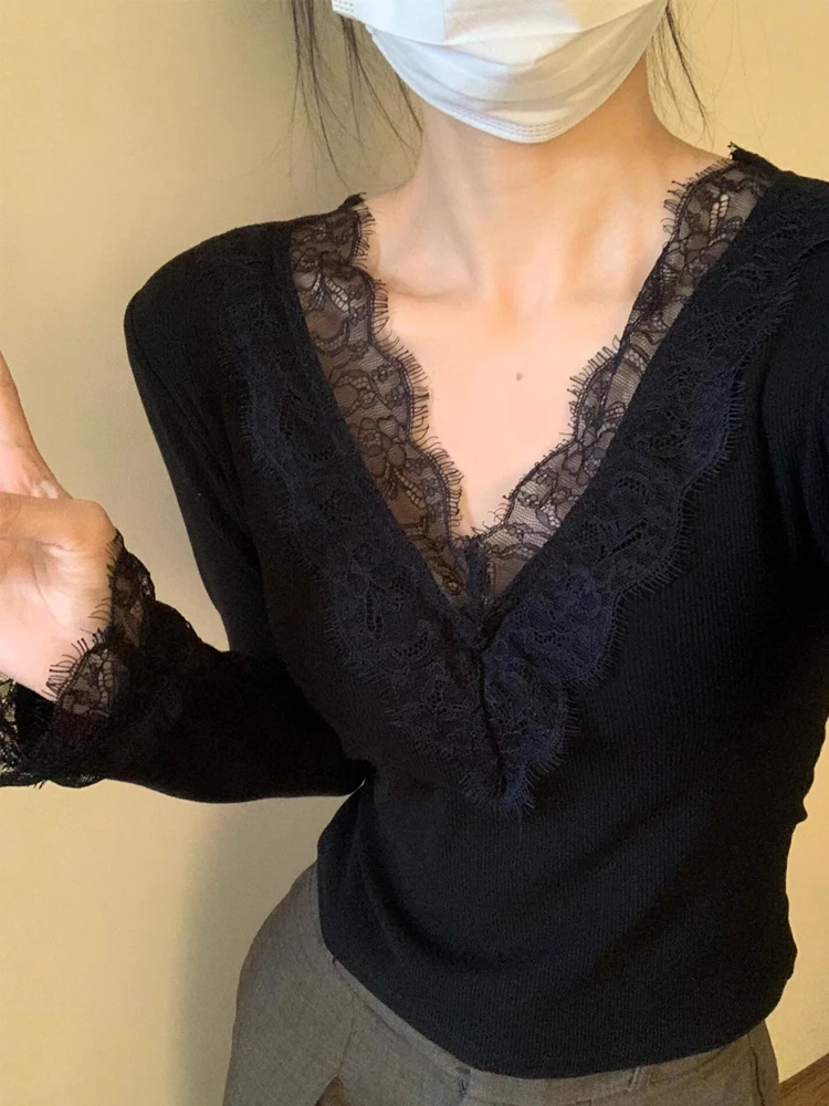 Black Atmosphere Lace Stitching V-neck Bottoming Shirt Women clothes Autumn and Winter Knit T-shirt Long sleeve Sweet Spi...