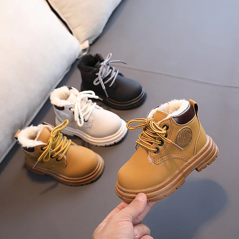 

Детские зимние ботинки для малышей, Осень-зима, теплые толстые плюшевые ботильоны для маленьких мальчиков и девочек, маленькие ботильоны из искусственной кожи и хлопка, детская обувь