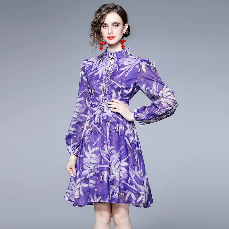 

Butterfly 3D Mini Dresses 2022 New Stand Collar Design Elegant Double-Layer Three-Dimensional Pansy Print Dress Puff Long Sleeve