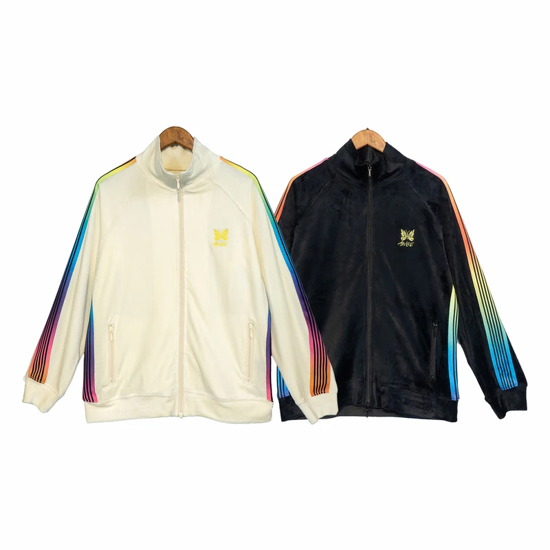 

2022SS Needles AWGE Butterfly Embroidery Side Striped Velvet Women Men Jacket Coat Hiphop Casual Men Jacket Needles