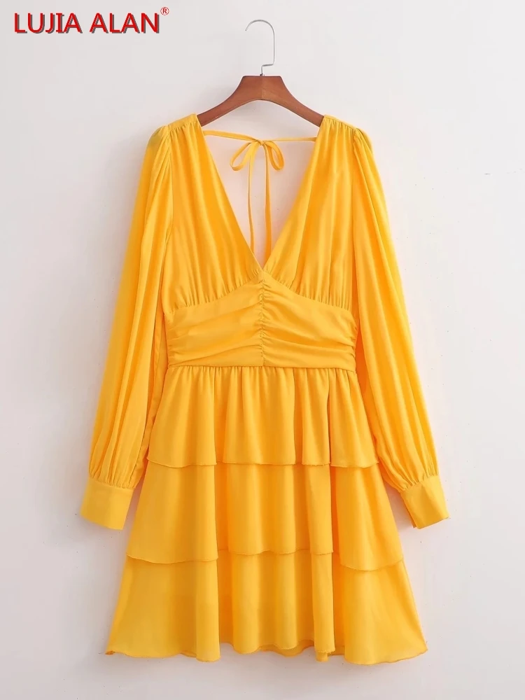 

Женское платье с V-образным вырезом, желтое платье с каскадными оборками в несколько рядов, летнее женское свободное мини-платье с длинным р...