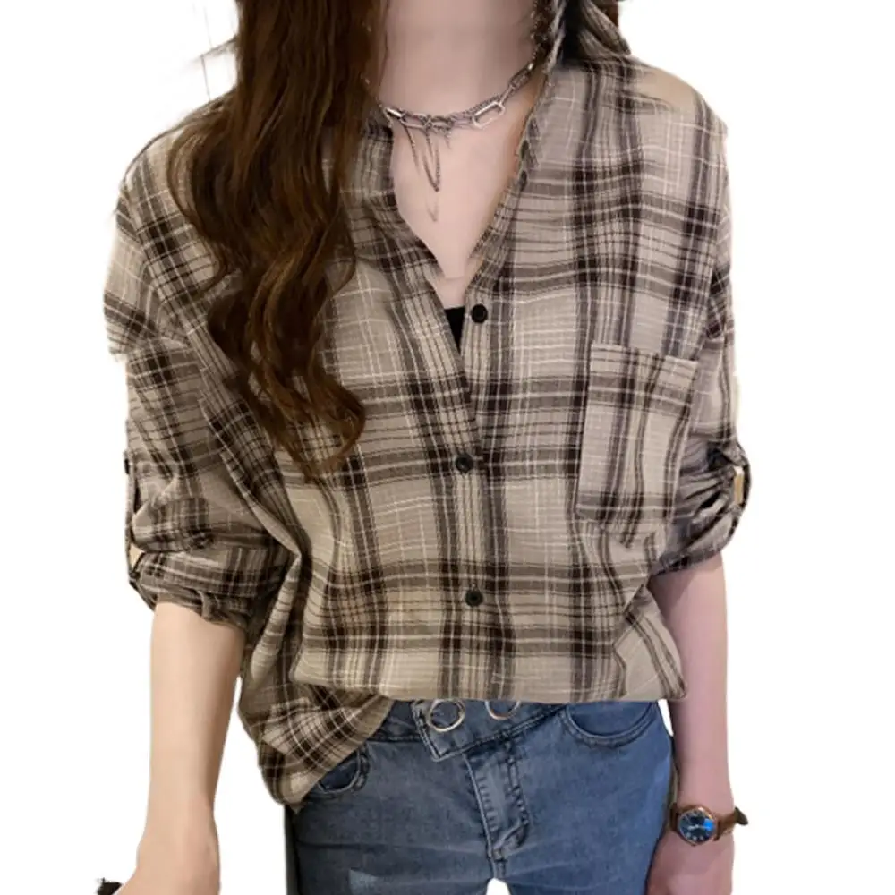 

Women Casual Blouse Spring New Lattice Patchwork Lapel Single-breasted Long Sleeve Loose Fashion Leisure Elegant Top For Ladies
