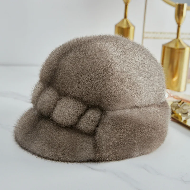 

Pudi Women Winter Natural Mink Fur Beret Hat Cap Lady Female Warm Skullies Beanies HF263