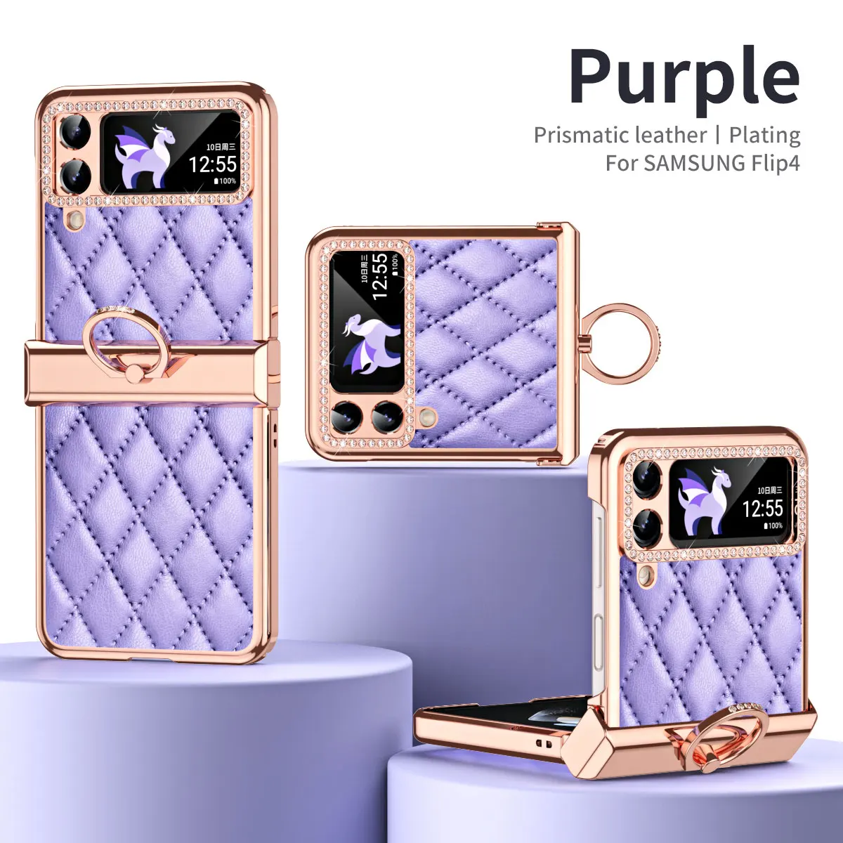 

Diamond Ring Holder Case for Samsung Galaxy Z Flip 4 5G Fundas Prismatic Leather Soft Back Cover for Samsung Z Flip4 capa coque