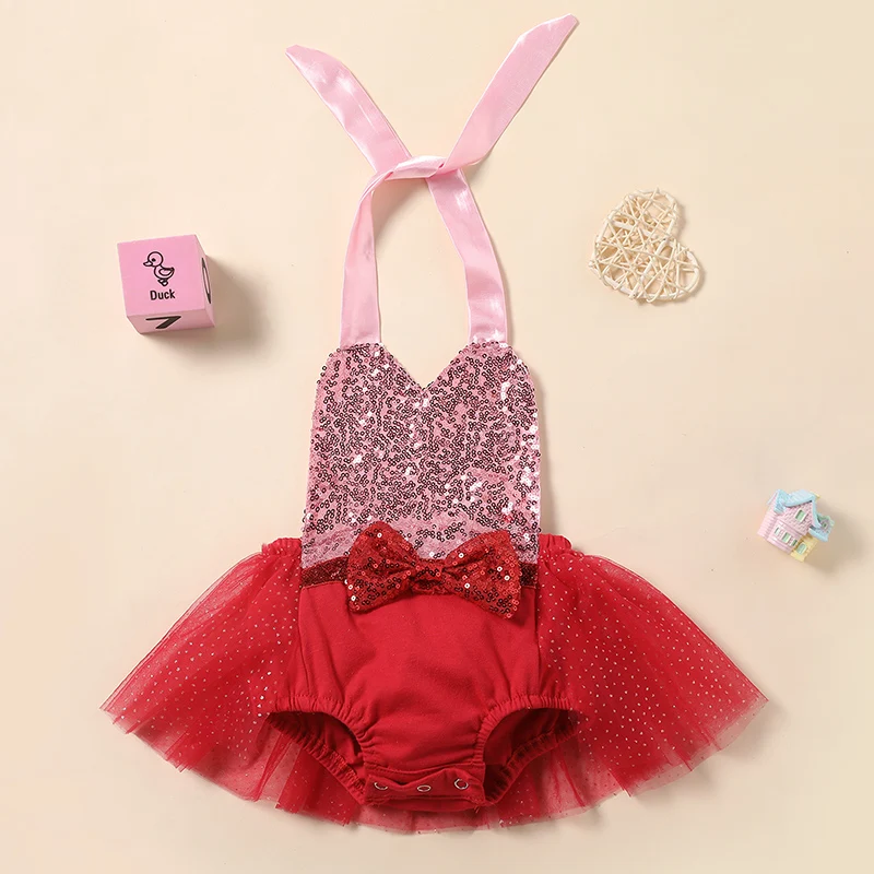 

Cute Fashion Baby Girl Romper Sequins Decor Mesh Ruffle Hem Halter Neck Tie Up Bandage Bodysuit Swimsuit for 0-24Months