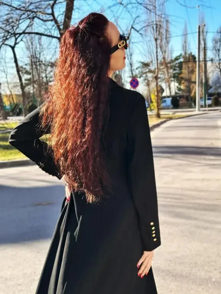 Gymdolphin женский длинный пиджак пальто однотонный черный зубчатый воротник с