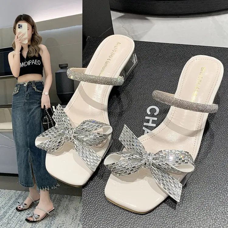 

Transparent Slippers Female Shoes Glitter Slides Butterfly-Knot Square Toe Fashion Med Rubber Flip Flops 2023 Jelly Luxury Block