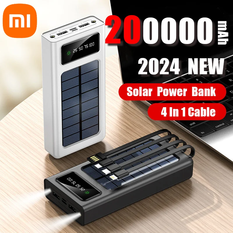 Фото Xiaomi Solar Power Bank 200000 mah Встроенный 4-кабельный портативный сверхбыстрый зарядный аккумулятор высокой емкости для Iphone Xiaomi Samsung №1