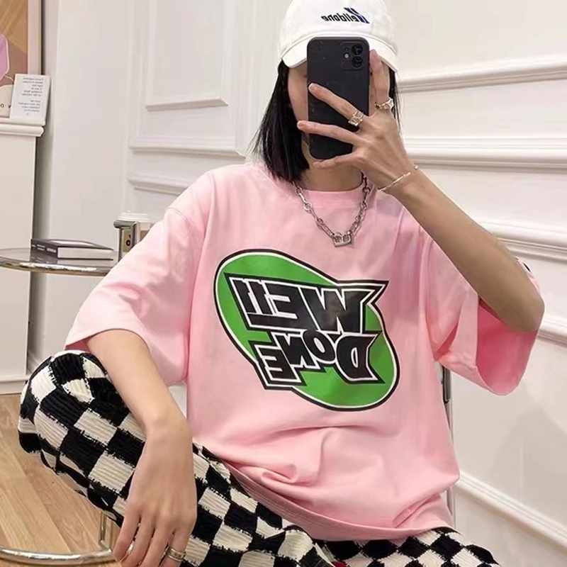 

We11done Cartoon Alphabet Print Pink Short-Sleeved Tide Brand Loose Couple Models TEE