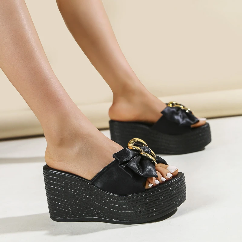 Bowknot Heeled Flip Flops Women Sandals Designer Summer 8CM High Heels Wedge Platform Slippers Women Beach Slippers