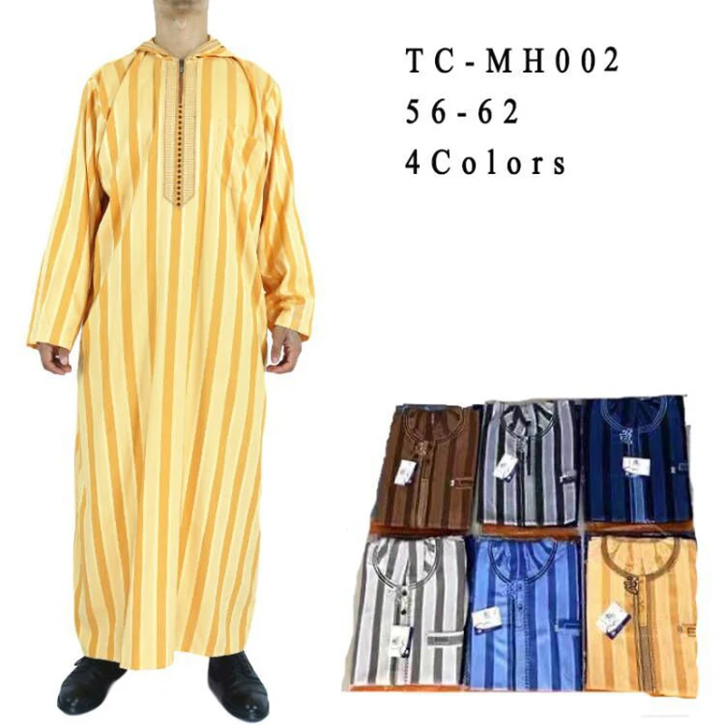 2022 New Muslim Men'S Long-Sleeved Cotton And Linen Striped Hooded Breathable Loose Dubai Saudi Arabia Robe Clothing Ropa Arabe