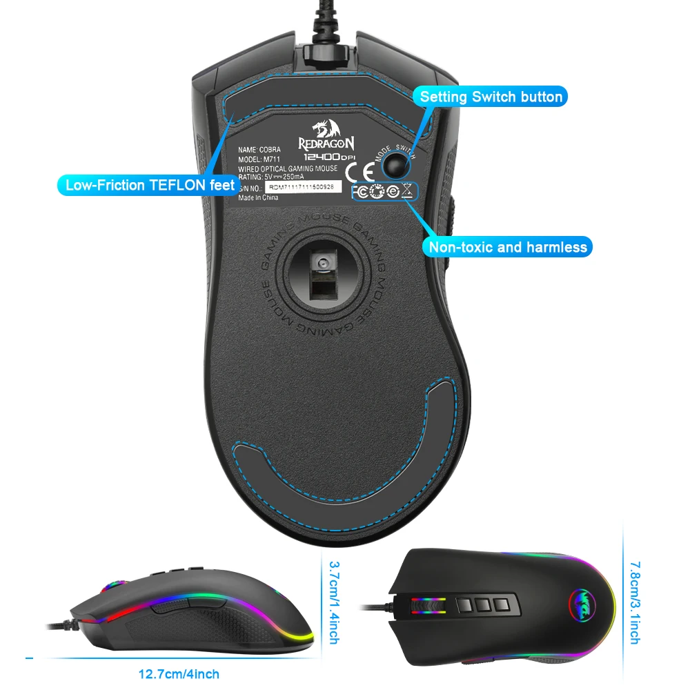 Redragon COBRA M711 RGB USB Проводная игровая мышь 12400 точек/дюйм 9 кнопок мыши