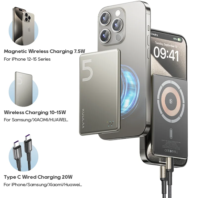 Фото KUULAA Magsafe Power Bank 5000 мАч Портативный ультратонкий магнитный аккумулятор с беспроводной зарядкой 20 Вт для iPhone 15 14 13 12 серии №2