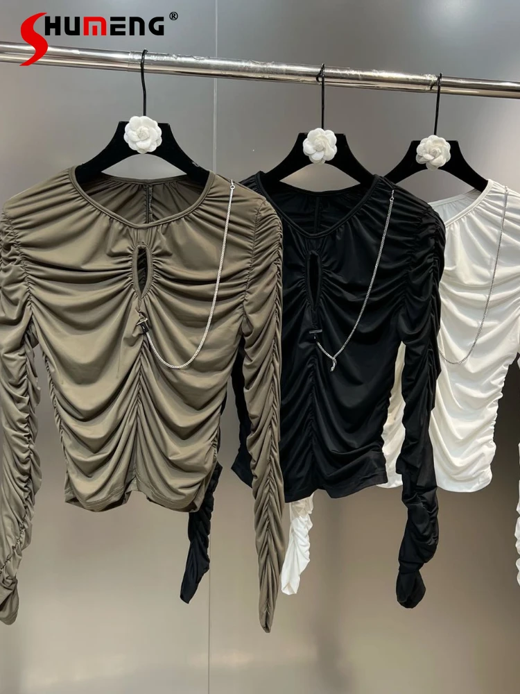 

Fashion Crew Neck Pinch Pleated Elastic Long Sleeve Woman Blouses 2022 Autumn Streetwear Hollow-out Chain Skinny Slimming Shirt