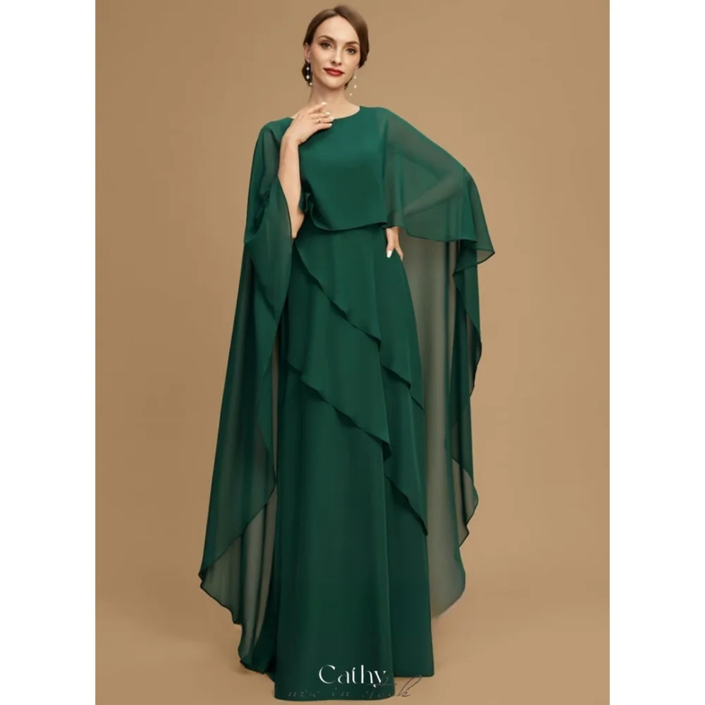 Cathy Green Multi-Layered With a Shawl Wedding Dresses Chiffon Floor-Length vestidos de noche Prom Mom Customized Formal Evening
