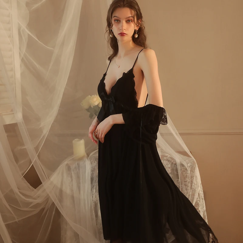 Women's Pajamas Chest Pad Nightgowns Open Back Long Private Room Suspender Nightdress Women Pajamas Sexy Female Dress Long Robe